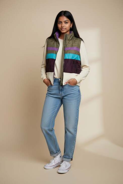 Vintage Ocean Pacific OP Junior XL Fits Women S Stripe ZipUp Puff Ski Vest - Picture 2 of 8